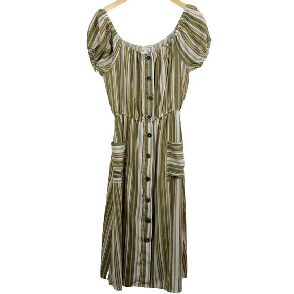 Naif Stripped Milkmaid Boho Earth Tone Midi Button Down Dress Size S - Picture 3 of 10
